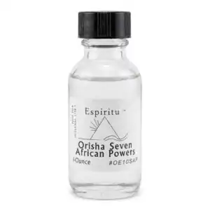Clear glass bottle containing a liquid labeled "Orisha Seven African Powers" with a black cap. The bottle is 4 ounces in size.