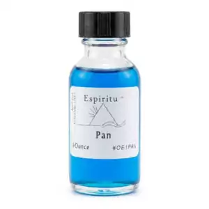 1oz glass bottle of Espiritu Pan ritual aroma oil with label, for invoking the Greek nature deity of wild energy and sensuality.