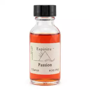 Espiritu Passion ritual aroma oil 1oz labeled glass bottle — fiery love and desire formula for igniting romantic passion and channeling motivational energy.