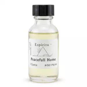 1oz glass bottle of Espiritu Peaceful Home ritual aroma oil with label, for establishing harmony and tranquil domestic energy.