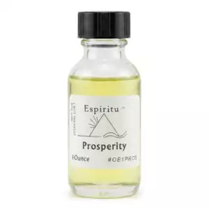 Espiritu Prosperity ritual aroma oil 1oz labeled glass bottle — broad wealth-drawing formula for sustained abundance, business success, and material prosperity work.