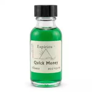 Espiritu Quick Money ritual aroma oil 1oz labeled glass bottle — fast-acting hoodoo abundance formula for emergency cash drawing and rapid financial flow rituals.
