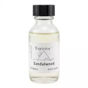 Espiritu Sandalwood ritual aroma oil 1oz labeled glass bottle — sacred wood formula for peace, grounding, protection, and amplifying prayer and manifestation.