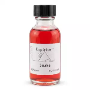 1oz glass bottle of Espiritu Snake ritual aroma oil with label, for hoodoo wealth, legal power, and personal mastery workings.