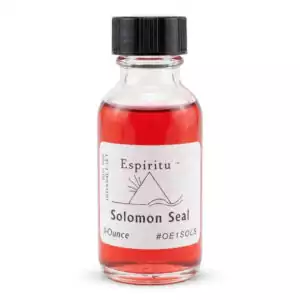 1oz glass bottle of Espiritu Solomon Seal ritual anointing oil with label, a bestselling Solomonic wisdom and protection formula.