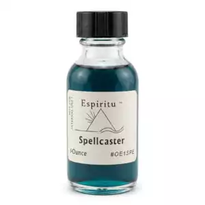 Espiritu Spellcaster ritual aroma oil 1oz labeled glass bottle — magical amplifying formula for increasing spell power, candle work potency, and ritual energy.