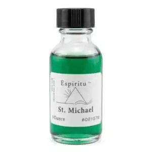 Espiritu St. Michael Ritual Oil 1oz — small glass bottle with green liquid labeled 'St. Michael' with black cap for angelic protection candle anointing and devotional ritual use.