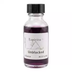 Espiritu Unblocked road opener ritual oil 1oz bottle with yellow and white label — obstacle-clearing condition oil for opening pathways and removing blocks.