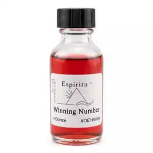 Espiritu Winning Number Oil 1oz — small glass bottle with red liquid and black cap labeled 'Winning Number' for lottery luck and number game hoodoo ritual use.