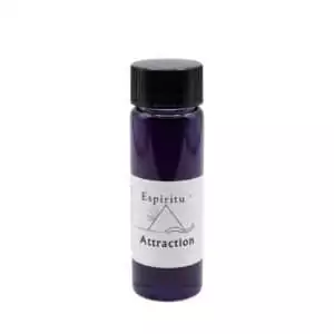 Small 2 dram glass vial of Espiritu Attraction ritual oil with label, a versatile hoodoo formula for drawing love, opportunity, and positive connections.