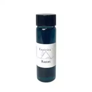 Small 2 dram glass vial of Espiritu Bastet goddess ritual oil with label, for Egyptian cat goddess devotion and home protection workings.