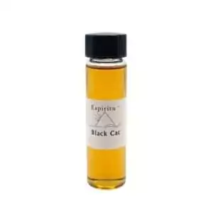 Small 2 dram glass vial of Espiritu Black Cat ritual oil with label, a hoodoo luck and uncrossing formula drawing on black cat magic tradition.