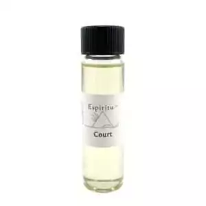 Small 2 dram glass vial of Espiritu Court ritual oil with label, a hoodoo condition oil for court-case work and legal proceedings.