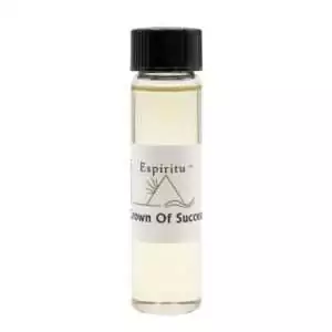 A small glass vial containing clear liquid labeled Crown of Success with a black cap — an Espiritu 2-dram hoodoo ritual oil for achievement, recognition, and clearing the path to success.