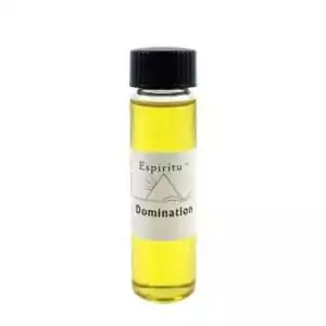 Small 2 dram glass vial of Espiritu Domination ritual oil with label, a hoodoo controlling and authority condition oil for asserting power.