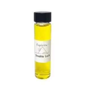 Small 2 dram glass vial of Espiritu Double Luck ritual oil with label and black cap, for amplifying fortune and doubling lucky energy in workings.
