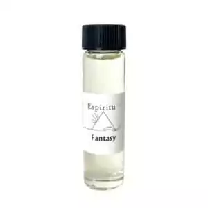 Small 2 dram glass vial of Espiritu Fantasy ritual aroma oil with label, a dreamy fragrance for visualization, dreamwork, and enchantment rituals.
