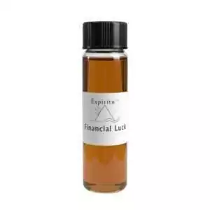 Small 2 dram glass vial of Espiritu Financial Luck ritual oil with label and black cap, for wealth attraction and prosperity workings.