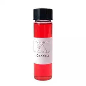 Small 2 dram glass vial of Espiritu Goddess ritual oil with label, for Wiccan divine feminine invocation and goddess devotion rituals.