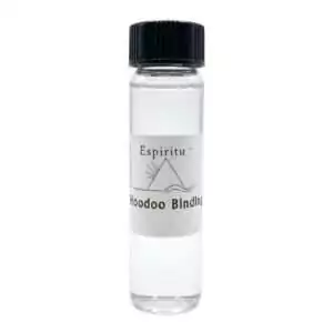 A small glass vial of clear liquid with black cap labeled Espiritu Voodoo Binding — a 2-dram hoodoo binding ritual aroma oil for protective binding and stopping harmful actions.