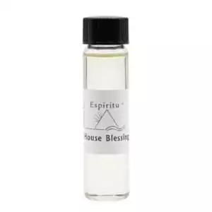 A small glass vial containing clear liquid labeled House Blessing from Espiritu — a 2-dram ritual fragrance oil for home blessing, doorway anointing, and domestic harmony rituals.