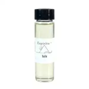 Small 2 dram glass vial of Espiritu Isis goddess ritual oil with label, for Egyptian deity work, divine feminine, and protective magic.