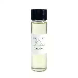 Small 2 dram glass vial of Espiritu Jezebel ritual oil with label, a classic hoodoo formula for feminine power and seductive influence.