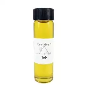 Small 2 dram glass vial of Espiritu Job ritual oil with label, a hoodoo employment and career-drawing condition oil for professional advancement.
