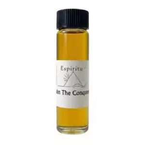 A small glass vial containing yellow liquid labeled Espiritu In the Conquest — a 2-dram High John the Conqueror hoodoo ritual oil for mastery, winning, and overcoming obstacles.