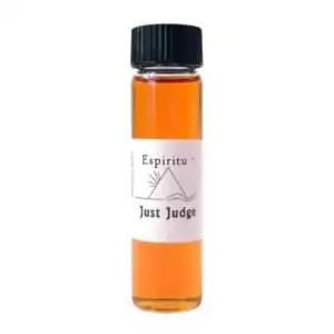 Small 2 dram glass vial of Espiritu Just Judge ritual oil with label, a hoodoo legal justice condition oil for court and legal workings.