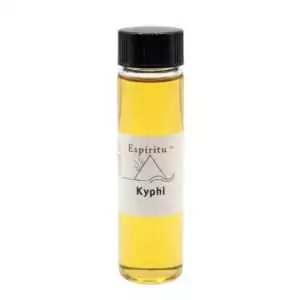 Small 2 dram glass vial of Espiritu Kyphi ritual aroma oil with label, inspired by the ancient Egyptian sacred temple incense compound.