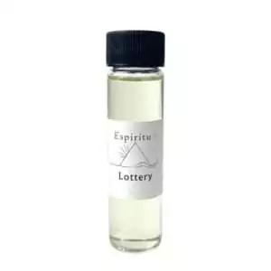 Small 2 dram glass vial of Espiritu Lottery ritual oil with label, a hoodoo luck-drawing formula for gambling and financial windfall workings.