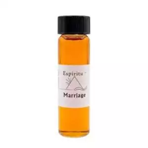 Small 2 dram glass vial of Espiritu Marriage ritual oil with label, for commitment ceremonies, handfasting, and love-binding rituals.