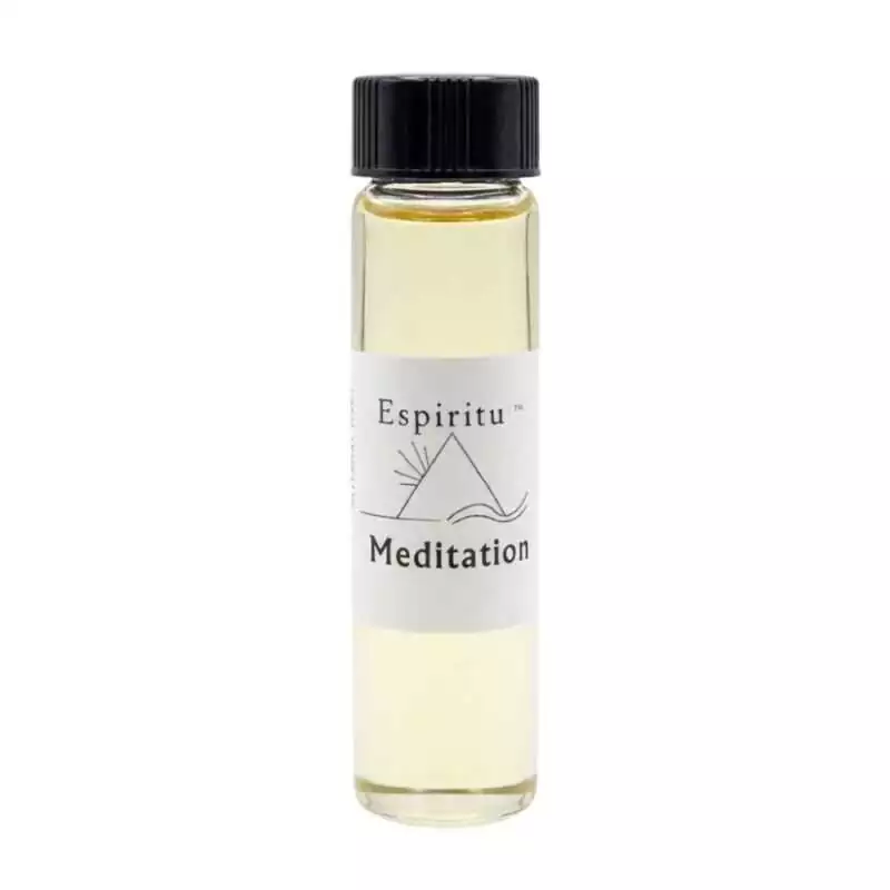 Small 2 dram glass vial of Espiritu Meditation ritual oil with label and black cap, for calming and deepening meditative practice.