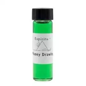 Small 2 dram glass vial of Espiritu Money Drawing ritual oil with label, a best-selling hoodoo formula for wealth and financial attraction.