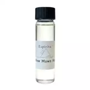 Small 2 dram glass vial of Espiritu New Mown Hay ritual aroma oil with label and black cap, for nature magic and grounding rituals.