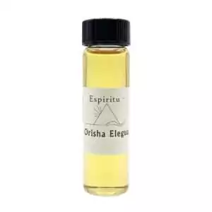 Small 2 dram glass vial of Espiritu Orisha Elegua ritual oil with label, for crossroads workings and path-opening in Santería and Lucumí practice.