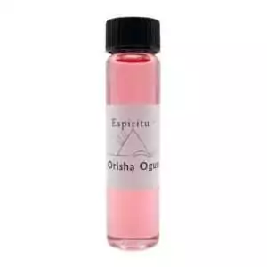 Small 2 dram glass vial of Espiritu Orisha Ogun ritual oil with label and black cap, for invoking the orisha of iron and road-opening in Lucumí rituals.