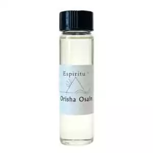 Small 2 dram glass vial of Espiritu Orisha Osain ritual oil with label and black cap, for use in Afro-Cuban herbal and nature spirit workings.