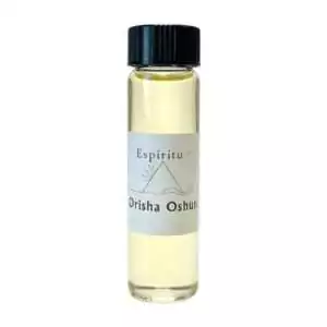 Small 2 dram glass vial of Espiritu Oshun orisha ritual oil with label, used in Yoruba and Lucumí devotional practice for love and prosperity.