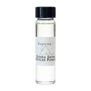 Small 2 dram glass vial of Espiritu Seven African Powers anointing oil with label and black cap, for invoking all seven orishas in ritual.