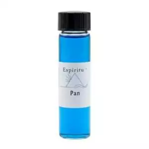 Small 2 dram glass vial of Espiritu Pan God ritual fragrance oil with label, used to honor the horned deity of wild nature in ritual practice.