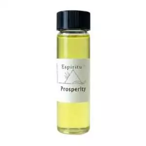 A small glass vial containing yellow prosperity oil labeled Espiritu — a 2-dram ritual fragrance for abundance, financial flow, and sustained prosperity in candle and mojo bag work.