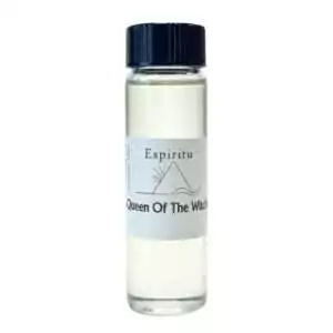 Small clear glass vial with black cap containing liquid labeled Queen of the Witches from the Espiritu brand — ritual Wiccan empowerment oil.