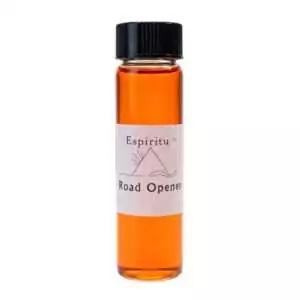 Small 2 dram glass vial of Espiritu Road Opener anointing oil with product label and black cap, for path-clearing and opportunity rituals.