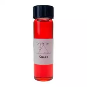 Small 2 dram glass vial of Espiritu Snake ritual fragrance oil with label and black cap, used in hoodoo power and legal magic workings.