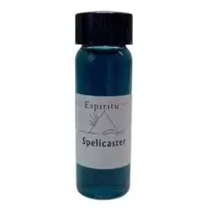 Small blue 2-dram glass vial of Espiritu Spellcaster ritual aroma oil with black cap — fragrance oil for focus and amplifying spellwork energy.