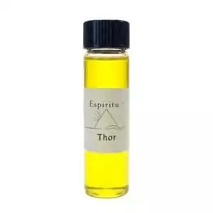 Small 2 dram glass vial of Espiritu Thor ritual fragrance oil with black cap and branded label, for Norse pagan strength and protection rituals.
