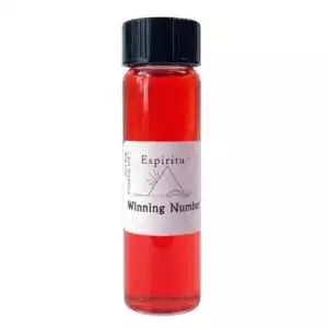 Small glass 2-dram vial of Espiritu Winning Number ritual fragrance oil with bright red liquid and black cap — lottery luck hoodoo oil.