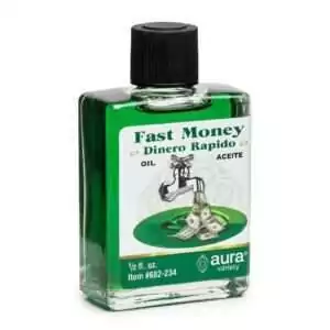 Small green 4 dram bottle of Fast Money ritual oil with a grape/fruit illustration on the label — TarotFellow prosperity drawing oil.